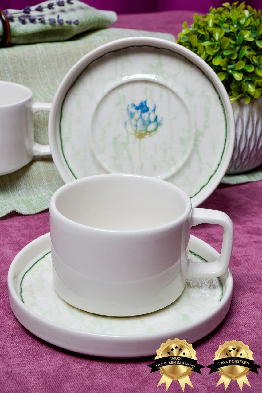 Ebrusu 4 Parça 2 Kişilik Porselen Çay Fincan Takımı Beyaz