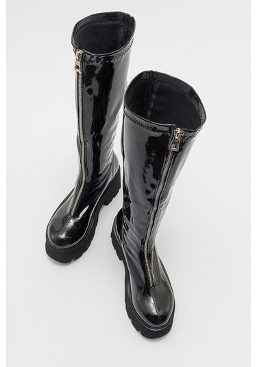 Luvishoes Amaronte Siyah Rugan Kalın Taban Kadın Çizme Siyah