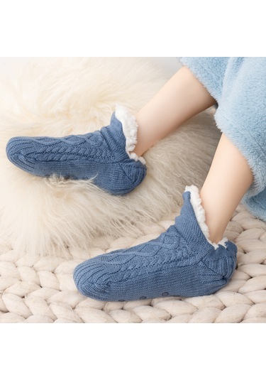 Kışlık Polar Astarlı İç Mekan Ev Patik Unisex Yetişkin Ev Çorabı Mavi