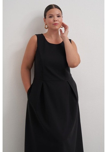 Pileli Kolsuz Cepli Uzun Elbise-6231 Siyah