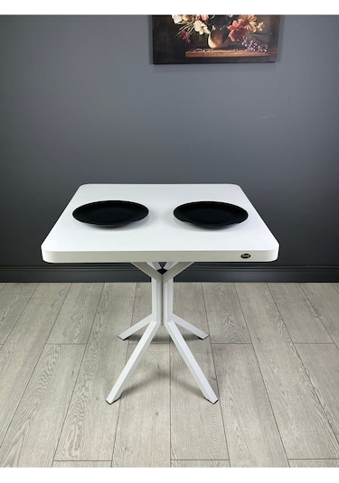 Tepe Beyaz Mutfak Yemek Masası Balkon Masası Kavisli Köşe Beyaz Ayak 70 Cm