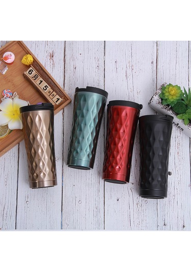 Jeemson 500ml Yeşil 304 Çelik İkili Katmanlı Vakumlu Termos Bardak, Araçlı Kahve/çay İçmecesi, Taşınabilir, Isı/sıcak Tutucu, Modern Elmas Desenli Diğer