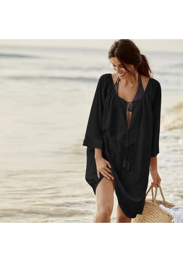 Springsun Büyük Beden Gergin Olmayan Pamuk Pudra Kumaş Güneş Korumalı Plaj Örtüsü Kadın Tatil Giyimi Göl Mavisi Diğer