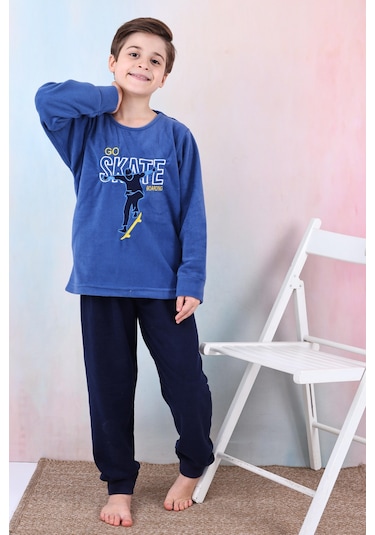 Yeni Sezon Sonbahar/kış Erkek Çocuk Skate Desenli Polar Pijama Takımı 4515 Mavi