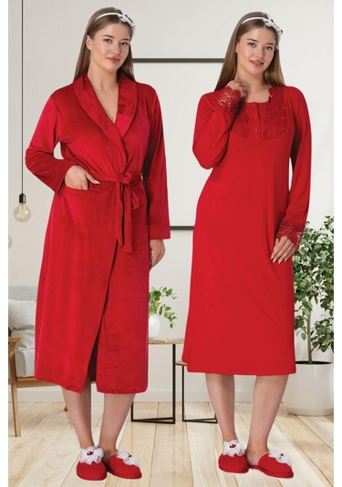 Mecit 6505 Kırmızı Kadife Sabahlıklı Gecelik Takım