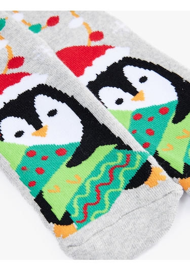 Koton Penguen Desenli Yılbaşı Çorabı Gri 6wkg80016aa Gri