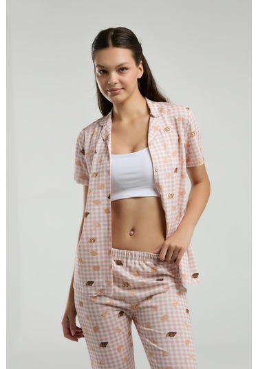 Roly Poly Kadın Gömlek Yaka Önden Düğmeli Kısa Kol Pijama Takım Beyaz