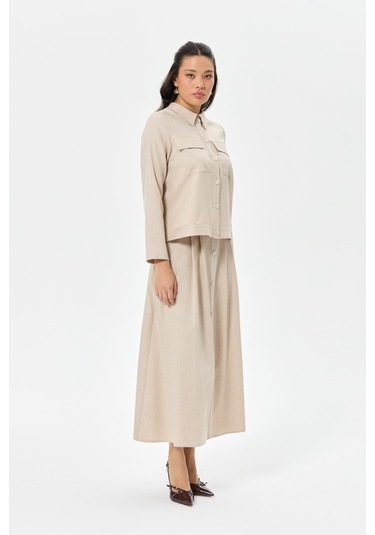 Çizgili Ve Düz Poliviskon Kumaş Etekli Takım Vizon Vizon