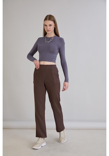 Sortie Collection Simli Örme Pantolon Kahverengi