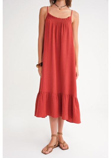 4740 Kadın Askılı Müslin Midi Elbise Kiremit Kiremit