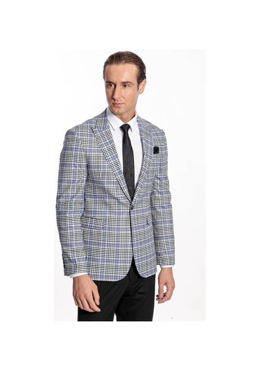 Wessi Ekose Desenli Slim Fit Siyah Mavi Erkek Ceket - Wessi Mavi - Siyah
