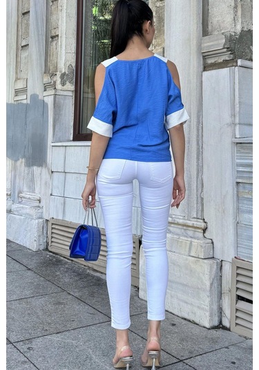 Kadın İndigo Omuz Dekolteli Kısa Kol, Salaş Keten Bluz Indigo