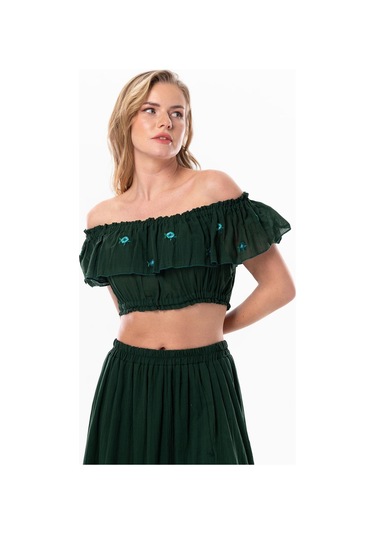 Lavinya Vual Lastik Detaylı Nakışlı Yazlık Crop Bluz Yeşil Ysl-yeşil Yeşil