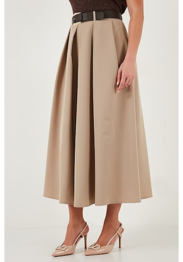 Lela Modest Kemerli Comfort Fit Yüksek Bel Pileli Kloş Uzun Tesettür Bayan Etek 6833360 Camel