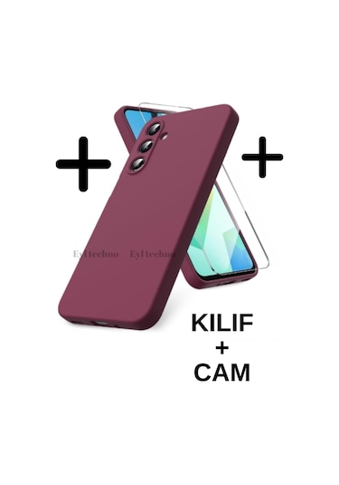 Samsung Galaxy Uyumlu A56 5g Kılıf Renkli Yumuşak Silikon Kapak Ekran Koruyucu Cam 9h Temperli -bordo Bordo