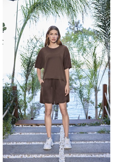 Monamise Kadın Kısa Kollu Bisiklet Yaka Alt Üst Takım 25085 Kahve