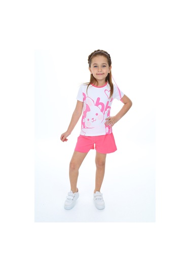 Toontoy Kız Çocuk Garnili Tavşan Baskılı Şortlu Takım Fuşya