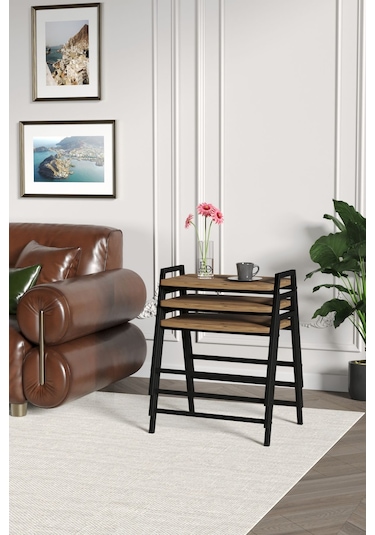 Zigon Sehpa , Aden 3'lü Tepsi Zigon Sehpa Takımı Siyah Metal - Atlantik Çam Tabla Siyah-atlantik Çam