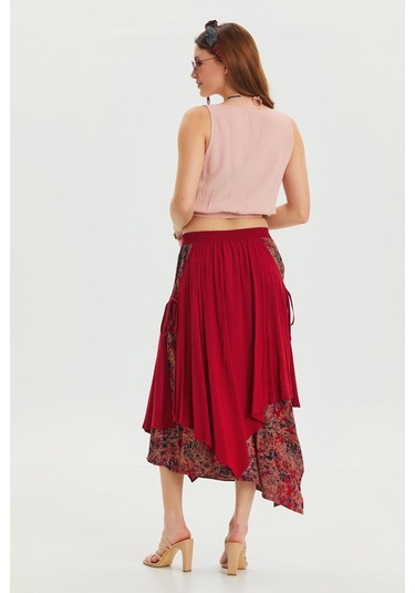 Bağlama Detaylı Beli Lastikli Salaş Etek Kırmızı