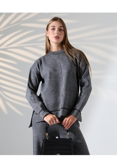 Kontrast Dikişli Kadın Triko Takım Antrasit