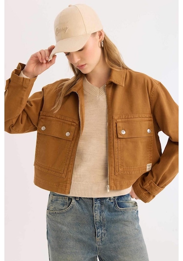 DeFacto Coool Crop Dik Yaka Fermuarlı Cepli Gabardin Ceket E4029AX25SPBG633 Bej