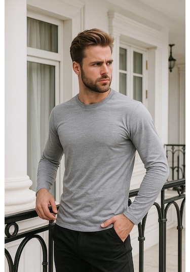 Erkek Uzun Kollu Bisiklet Yaka Tişört - %100 Pamuk Basic Relaxed T-shirt Gri