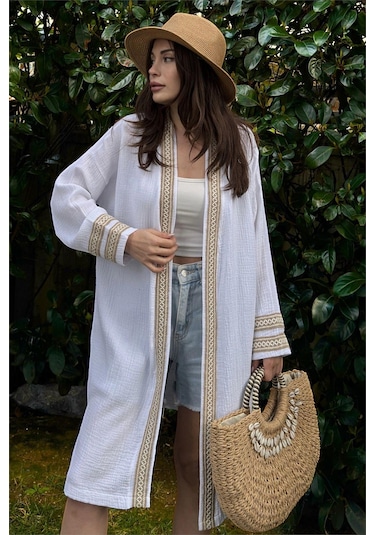 Kadın Beyaz Müslin Kumaş, Hasır Şerit Detaylı Salaş Kimono Ceket Beyaz