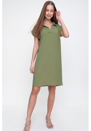 Kadın Bol Kesim Polo Yaka Kısa Kollu Günlük Kısa Midi Elbise Dizüstü 2883200 Haki