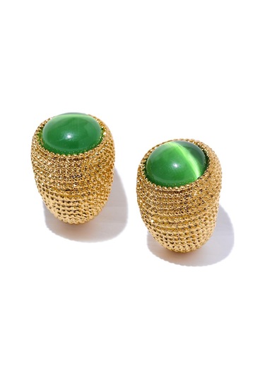 Yeşil Eetit Vintage Yeşil Mavi Beyaz Kedi Gözü Taş Paslanmaz Çelik C Şekli Geometrik Moda Küpe Altın Renk Moda Takı Hediye Çok Renkli