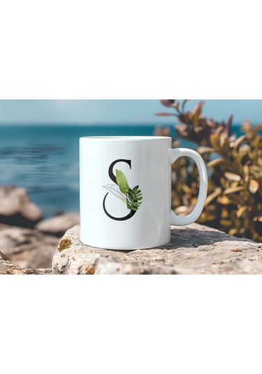S Harf Zarif Yaprak Desenli Kupa Bardak - Naturel Sade Alfabe Harfli Bardak - Kişiye Özel Hediye Beyaz
