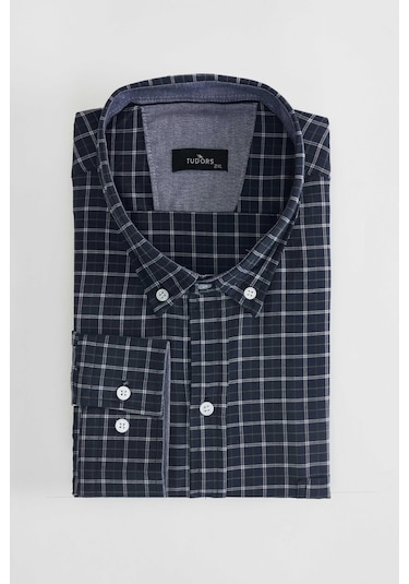 Tudors Büyük Beden Düğmeli Yaka Küçük Kareli Pamuklu Erkek Gömlek-31404-çok Renkli