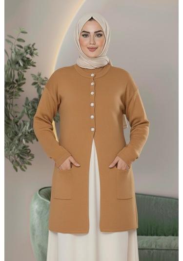 Yeni Sezon Dizboy Kadın Ceket -sakal İplik, Yaka Düğmeli, İki Cepli, Günlük, Şık Kombinler İçin Bej