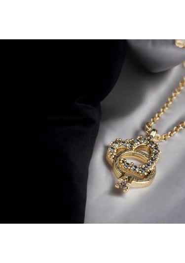 Altın Renk Kalp Ve Yüzük Motifli Taşlı Kolye Anlamlı Kadın Takı Gold