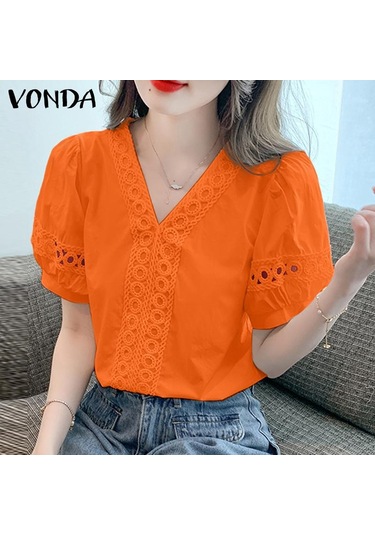 Vonda Kadın Yazlık Rahat V Yaka Puf Kısa Kollu Dantel Eklemeli Düz Renk Bol Bluz Turuncu