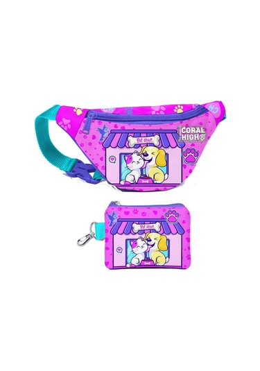 Coral High Kız Çocuk Kedi Köpek Desenli Bel Çantası Ve Bozuk Para Cüzdanı Set Çok Renkli
