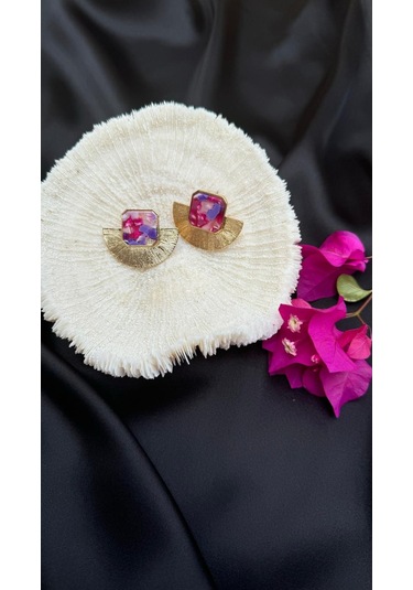 Pembe Mor Taş Detaylı Altın Renkli Modern Küpe Çok Renkli