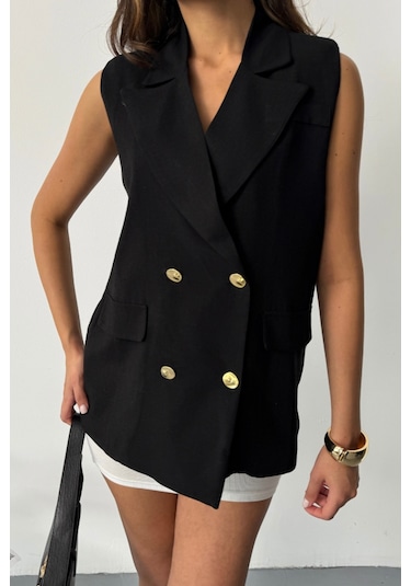Modasize Gold Düğmeli Keten Yelek - Siyah Siyah