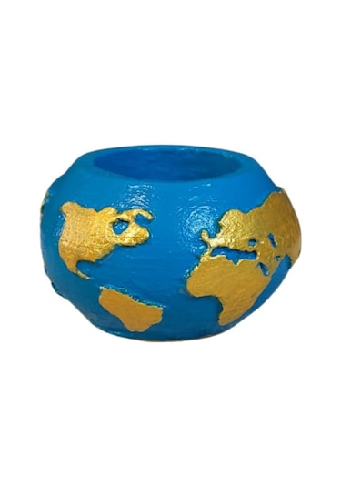 Uretti - Ayşe 7362 7938 El Yapımı Dünya Şeklinde Mavi - Gold Renk Saksı / Mumluk Dekoratif Obje - 6 X 9 Cm 1 Adet