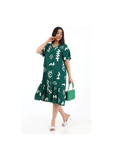 Schık Kadın Viskon Yarım Kol V Yaka Cepli Fırfırlı Elbise Koyu Yeşil Koyu Yeşil