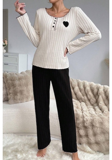 Bella Notte Nakışlı Siyah Pamuklu Kalp Detaylı Pijama Takımı