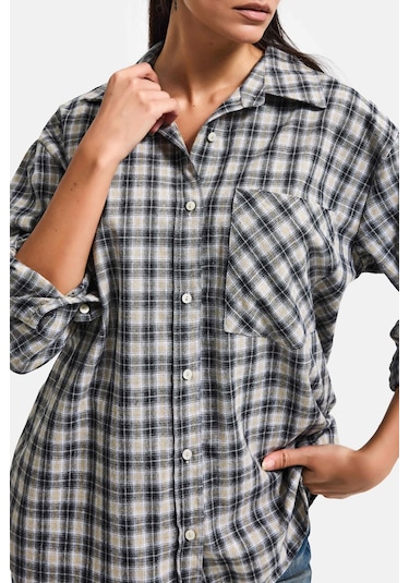 Itsbasic Kadın Siyah Beyaz S6 Ekose-27 Oversize Koton Gömlek