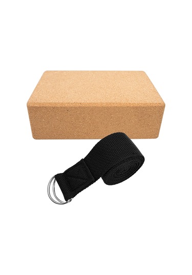 Ranyeek Yoga Seti: Yoğunluklu Mantar Yoga Bloku 24x16x8.8cm + Siyah Esneklik Kayışı 183x3.8cm - Denge Ve Esneklik İçin, Ev/ofis/uzaktan Kullanıma Uygun Çok Renkli