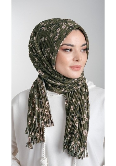 Haki Pratik Hazır Geçmeli Tesettür Eşarp Kesik Elyaf Piliseli Çiç (553630037) Haki