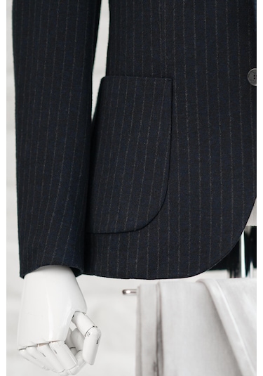 Slimfit Torba Cep Çizgili Mono Yaka Astarsız Çift Yırtmaç Likralı Kışlık Erkek Tek Ceket Lacivert