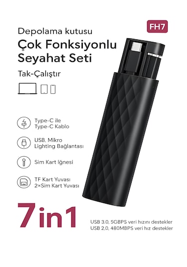 7 İn 1 Çok İşlevli Type-c Usb Micro Lightning Dönüştürücü Seyahat Seti Apple Uyumlu iPhone Android Pc Siyah