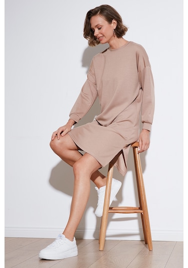 Lela Modest Oysho Kumaş Relaxed Fit Yırtmaçlı Bayan Tunik 5865878 Bisküvi