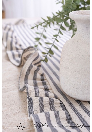 Gri Çizgili 40x125 Şık Tasarım Ekstra Büyük Fırfırlı Runner, %100 Keten Runner Bej