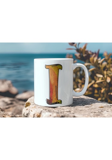 I Harf Yaprak Renkleri İle Kupa Bardak - Kişiye Özel Alfabe Harfli Bardak - Hediye Beyaz