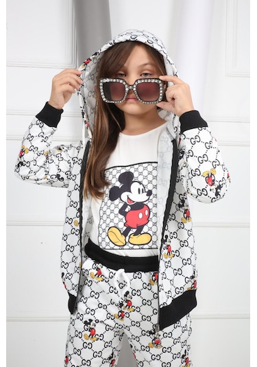 Mickey Mouse Üçlü Kız Çocuk Eşofman Takımı Tuhfetower Gri - Siyah