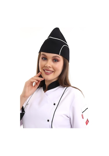 Siyah Üzerine Beyaz Biye Aşçı Kayık Kep - Unisex-Standart-Tek Parça